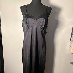 Vintage 80s Black Satin Slip Dress with Lace Trim - Nightwear